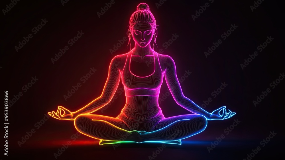 Colorful neon outline of a woman in a lotus yoga pose, symbolizing calmness, meditation, and inner peace on a dark background.
Colorful neon outline of a woman in a lotus yoga pose, symbolizing calmness, meditation, and inner peace on a dark background.