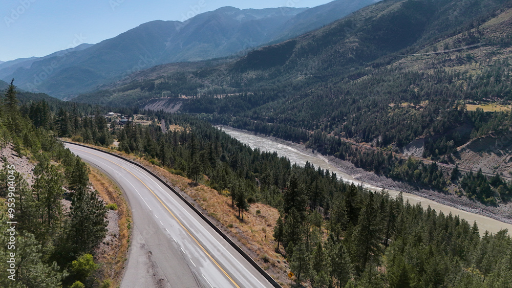 Aerial view of Highway 1 next to Fraser Canyon close to Lytton during a summer season in British Columbia, Canada Aerial view of Highway 1 next to Fraser Canyon close to Lytton during a summer season in British Columbia, Canada