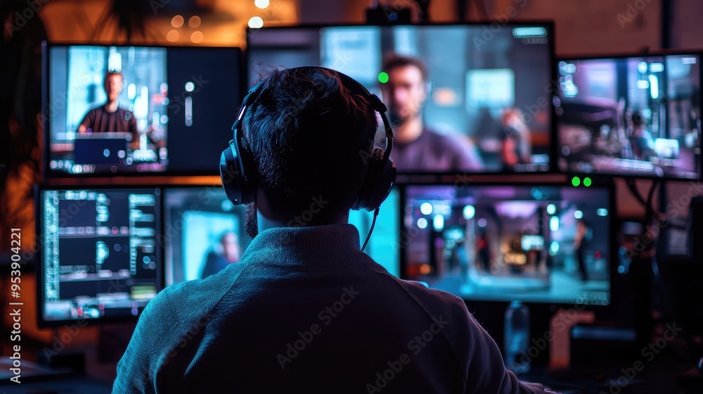 A digital influencer live-streaming with multiple screens showing the audience's reactions in real-time A digital influencer live-streaming with multiple screens showing the audience's reactions in real-time