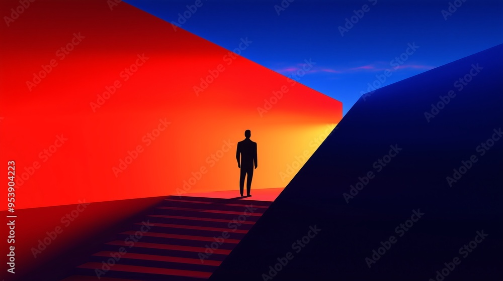 Silhouette of a Man in a Futuristic Colorful Landscape Silhouette of a Man in a Futuristic Colorful Landscape