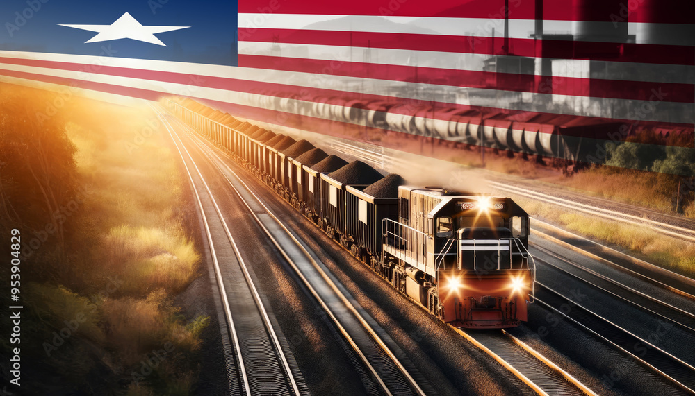 An industrial freight train moves through golden fields beneath an Liberia flag, representing the backbone of energy supply and transportation network. An industrial freight train moves through golden fields beneath an Liberia flag, representing the backbone of energy supply and transportation network.