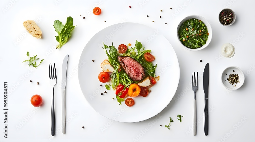 A minimalist white background featuring a gourmet meal ready for delivery A minimalist white background featuring a gourmet meal ready for delivery