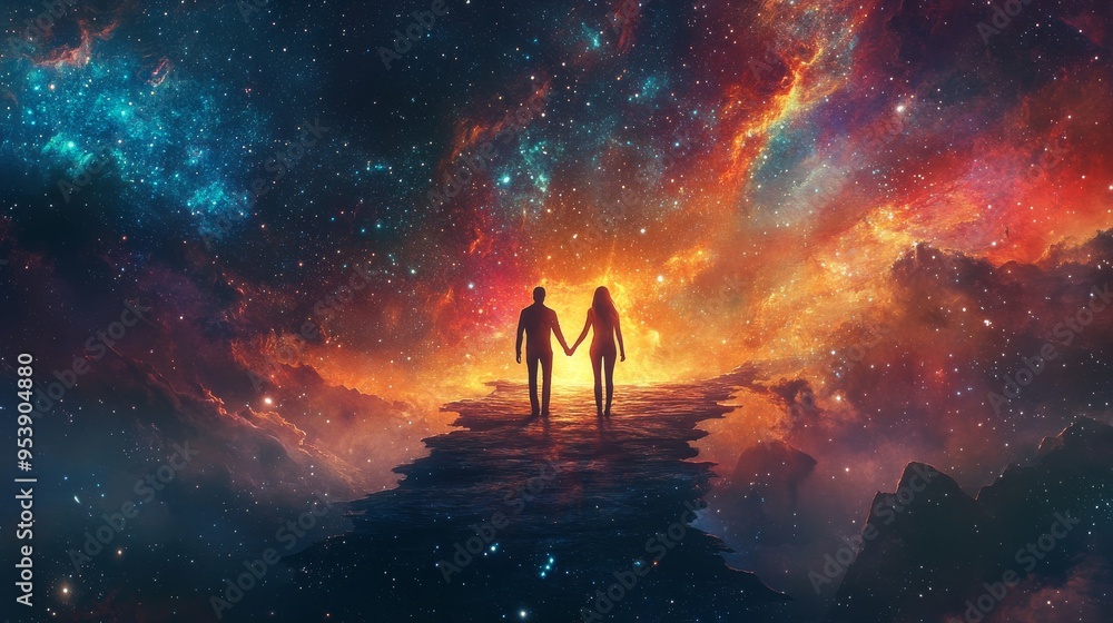 Fototapeta premium A couple holding hands as they walk across a bridge made of stars, their love glowing brightly against the cosmic void