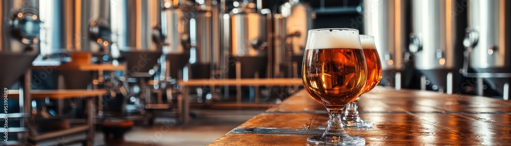 Craft beer glass on wooden counter in modern brewery with fermentation tanks and brewing equipment in the background. Craft beer glass on wooden counter in modern brewery with fermentation tanks and brewing equipment in the background.