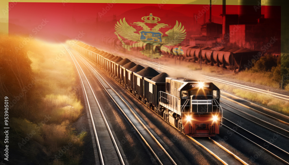 Fototapeta premium An industrial freight train moves through golden fields beneath an Montenegro flag, representing the backbone of energy supply and transportation network.