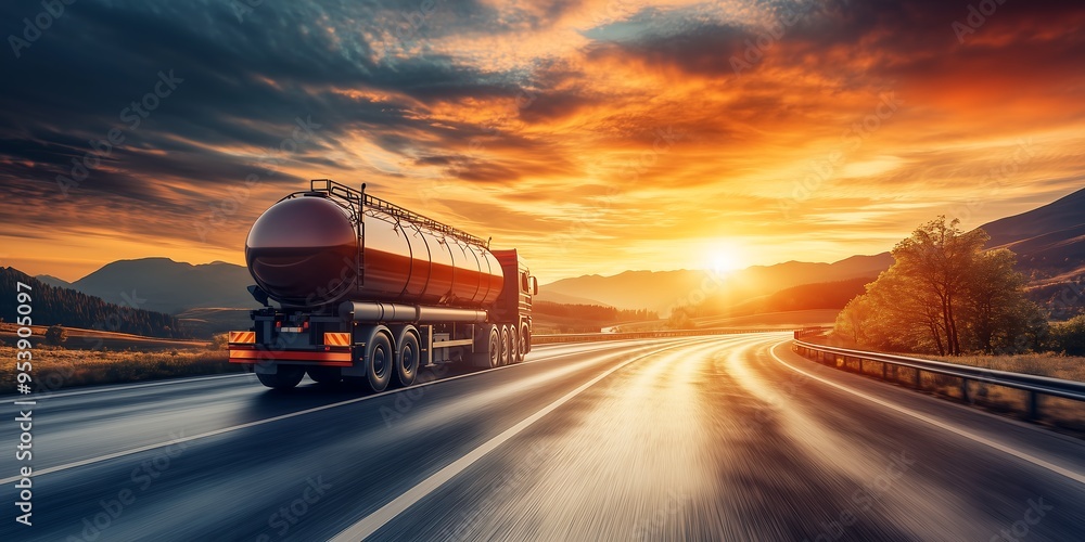 Tanker Truck on Highway at Sunrise with Mountains Tanker Truck on Highway at Sunrise with Mountains