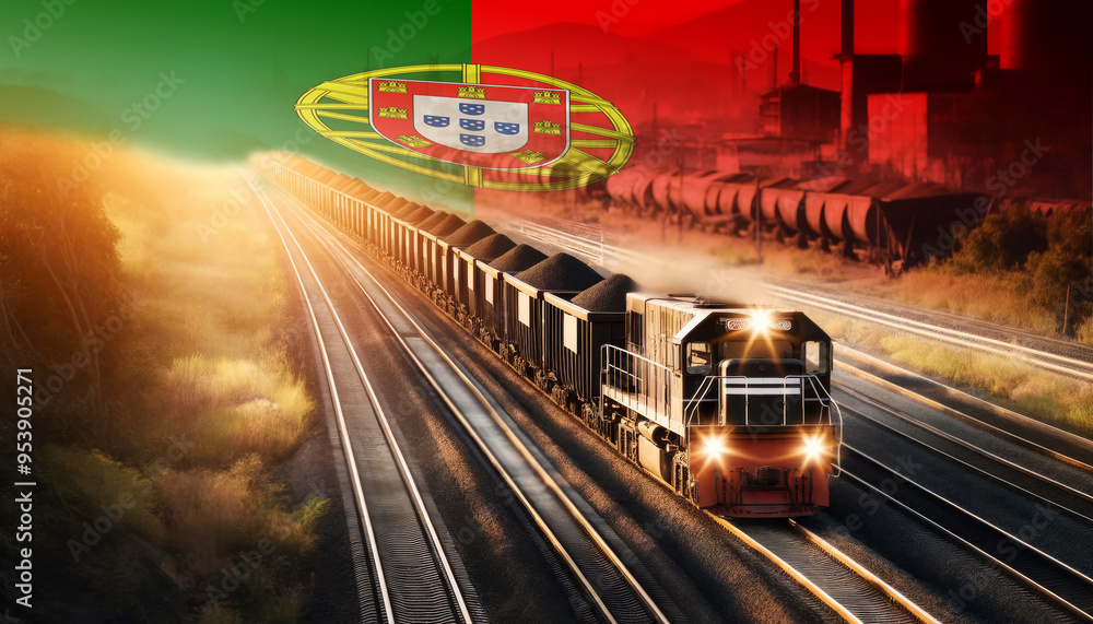 An industrial freight train moves through golden fields beneath an Portugal flag, representing the backbone of energy supply and transportation network. An industrial freight train moves through golden fields beneath an Portugal flag, representing the backbone of energy supply and transportation network.