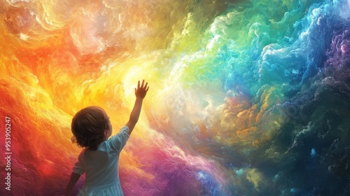 Wallpaper Mural A child reaching out to touch a rainbow-colored river flowing through the sky, their face lit with awe and pure imagination Torontodigital.ca