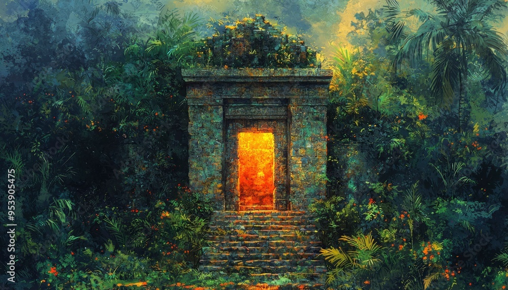 Ancient Stone Temple Entrance with Glowing Doorway Ancient Stone Temple Entrance with Glowing Doorway