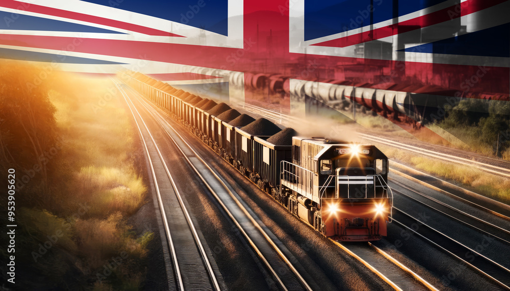 An industrial freight train moves through golden fields beneath an United Kingdom flag, representing the backbone of energy supply and transportation network. An industrial freight train moves through golden fields beneath an United Kingdom flag, representing the backbone of energy supply and transportation network.