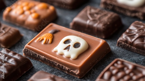 A close-up of Halloween-themed chocolate bars, with spooky shapes and fillings. photo