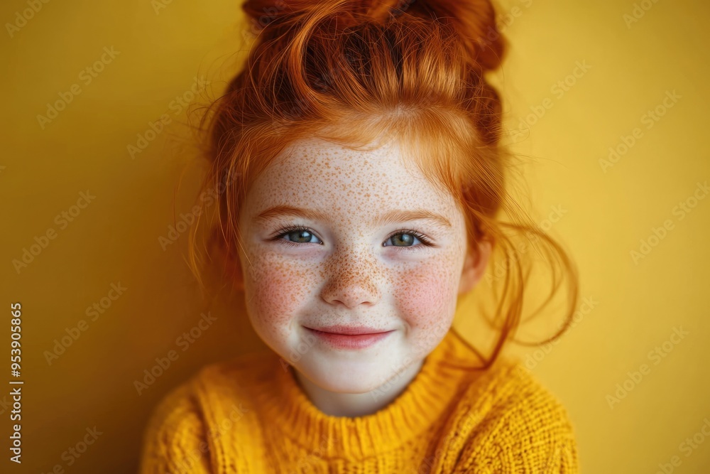 Little Girl Updo. Portrait of a Happy Red-Haired Child in Yellow Sweater Little Girl Updo. Portrait of a Happy Red-Haired Child in Yellow Sweater