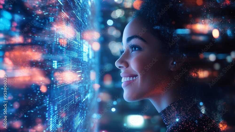 A person smiling as they integrate AI into cloud computing, the scene filled with futuristic elements, symbolizing the excitement of technological advancement A person smiling as they integrate AI into cloud computing, the scene filled with futuristic elements, symbolizing the excitement of technological advancement
