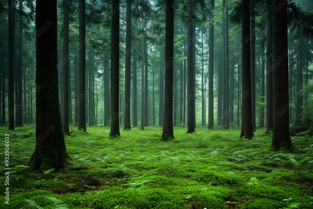 Obraz premium A tranquil scene of a dense forest shrouded in a light mist, creating an ethereal atmosphere. 