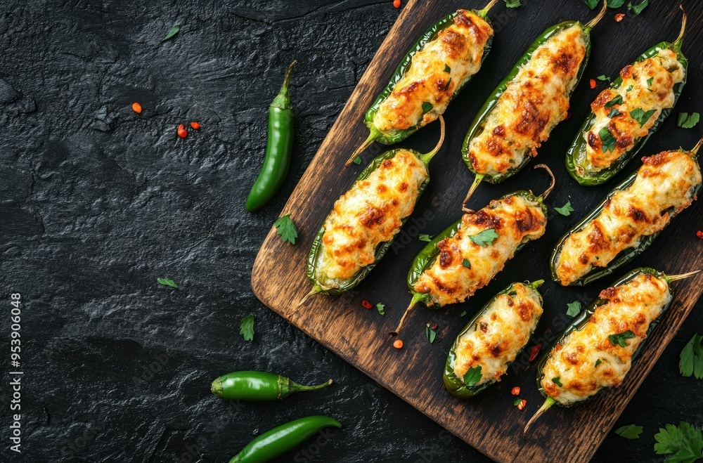 Stuffed Jalapenos on a Rustic Wooden Cutting Board Stuffed Jalapenos on a Rustic Wooden Cutting Board