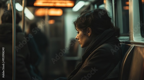 Woman sitting alone on a dimly lit subway, contemplating, surrounded by an empty carriage. Moody and reflective atmosphere.