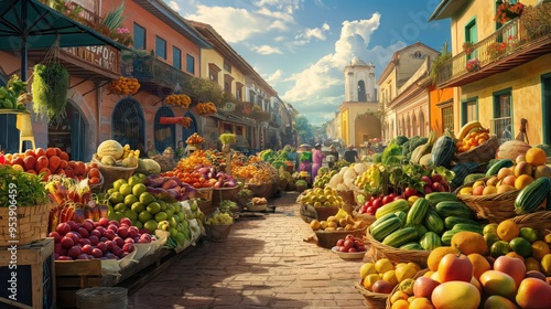 Vibrant Outdoor Market with Fresh Fruits and Vegetables in a Picturesque Town on a Sunny Day