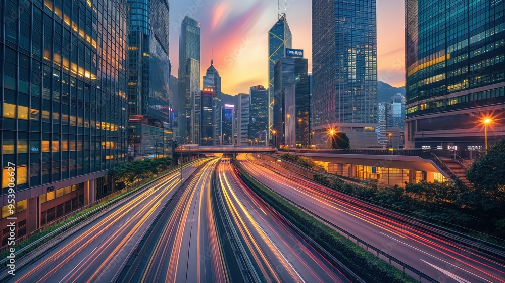 Vibrant Cityscape at Dusk with Light Trails from Traffic and Modern Skyscrapers Illuminated Against a Colorful Sunset Sky Vibrant Cityscape at Dusk with Light Trails from Traffic and Modern Skyscrapers Illuminated Against a Colorful Sunset Sky