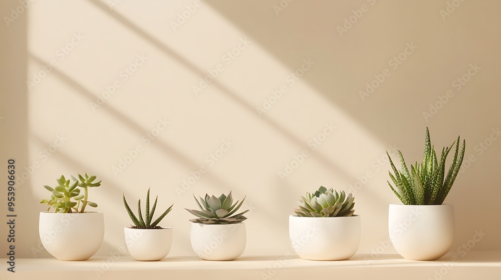 Five Succulents in White Pots on a Beige Shelf Five Succulents in White Pots on a Beige Shelf