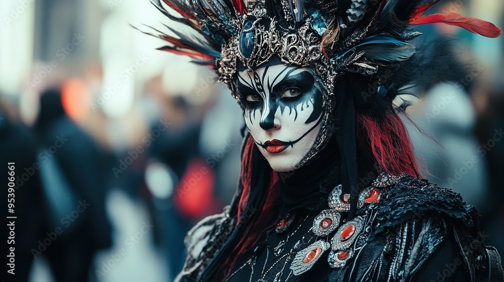 A cosplay enthusiast showcasing an intricate Halloween costume at an event. A cosplay enthusiast showcasing an intricate Halloween costume at an event.