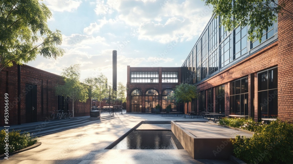 Modern Courtyard with Brick Buildings and Water Feature Modern Courtyard with Brick Buildings and Water Feature