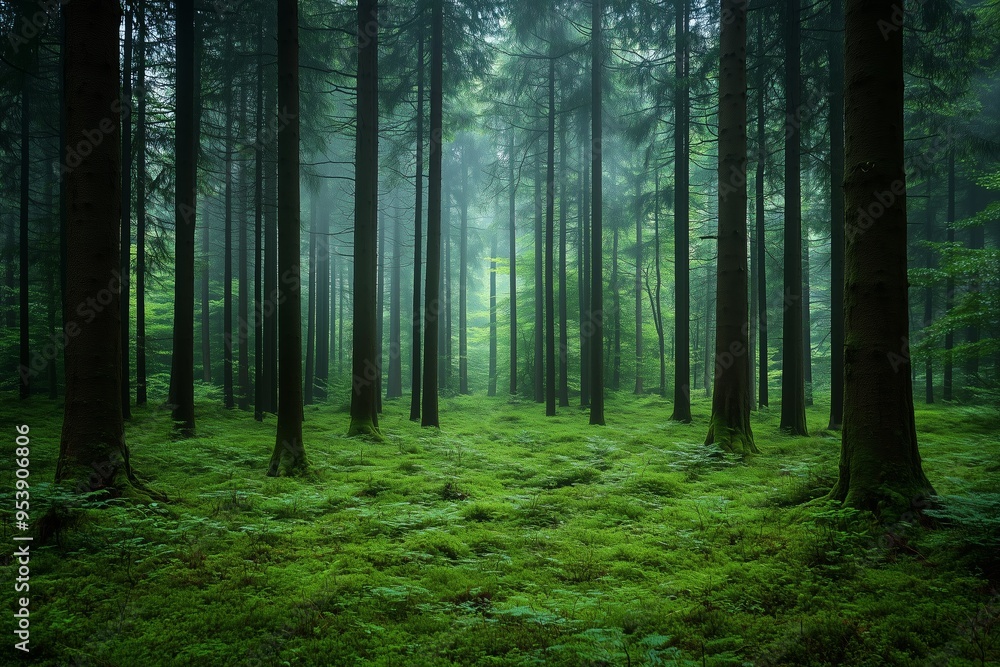 A tranquil scene of a dense forest shrouded in a light mist, creating an ethereal atmosphere. A tranquil scene of a dense forest shrouded in a light mist, creating an ethereal atmosphere.