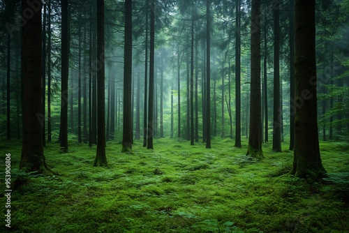 Wallpaper Mural A tranquil scene of a dense forest shrouded in a light mist, creating an ethereal atmosphere.  Torontodigital.ca