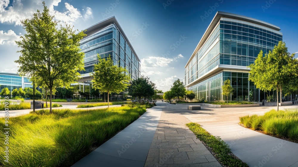 Modern Office Buildings with Lush Greenery and a Stone Pathway Modern Office Buildings with Lush Greenery and a Stone Pathway