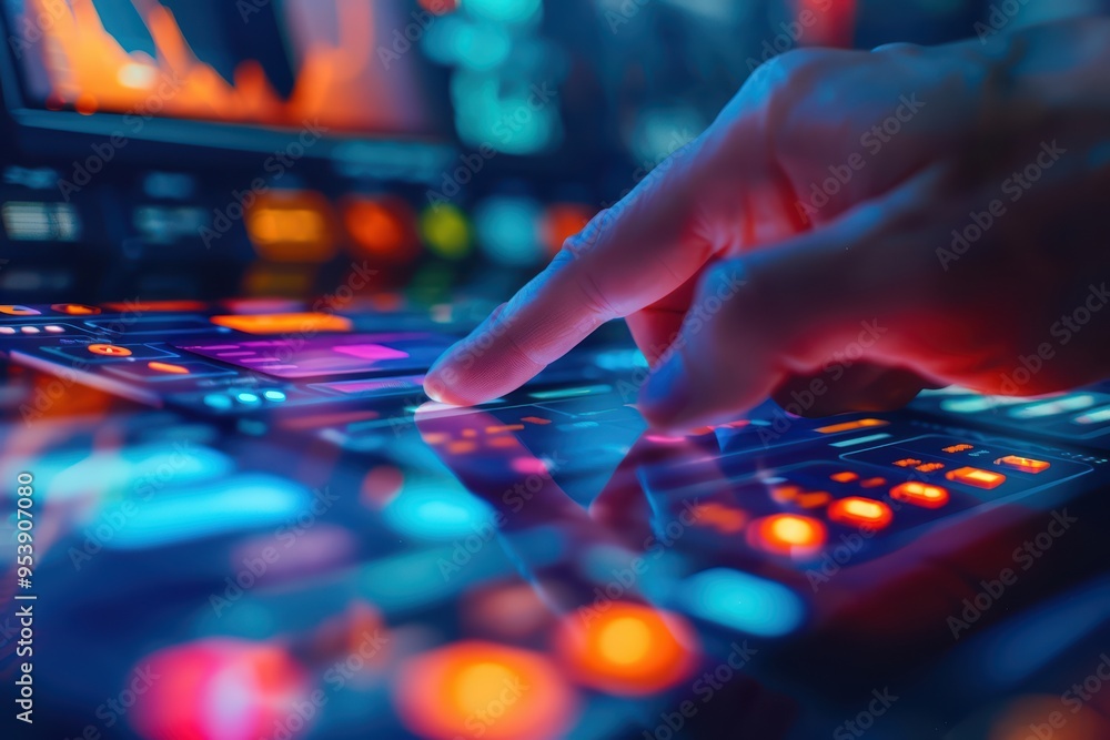 A close-up of a hand interacting with a futuristic control panel, featuring colorful lights and digital displays. A close-up of a hand interacting with a futuristic control panel, featuring colorful lights and digital displays.