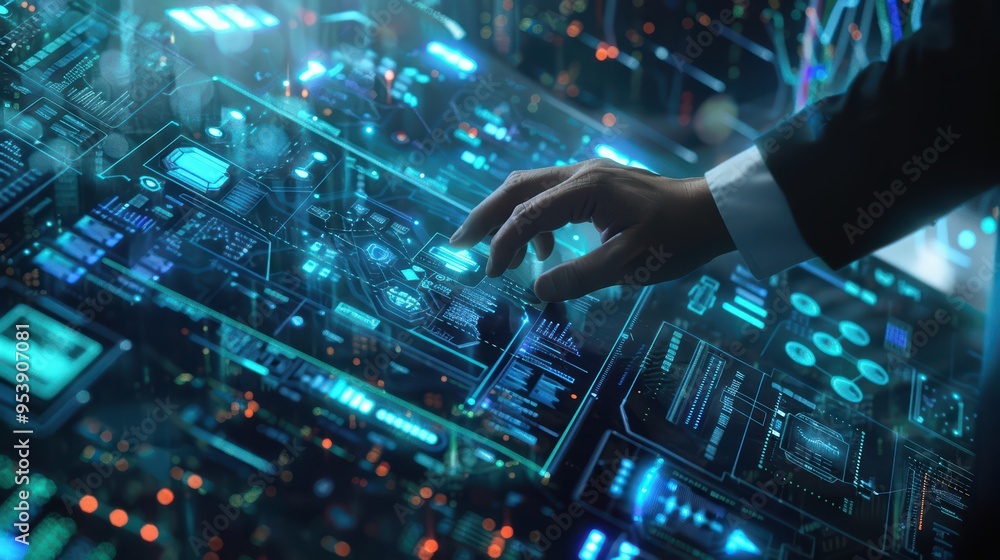 A close-up of a hand interacting with a futuristic circuit board, showcasing technology, innovation, and digital connections. A close-up of a hand interacting with a futuristic circuit board, showcasing technology, innovation, and digital connections.