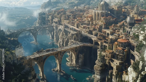 City in the Clouds: Aerial View of Mountainside Metropolis with Bridges