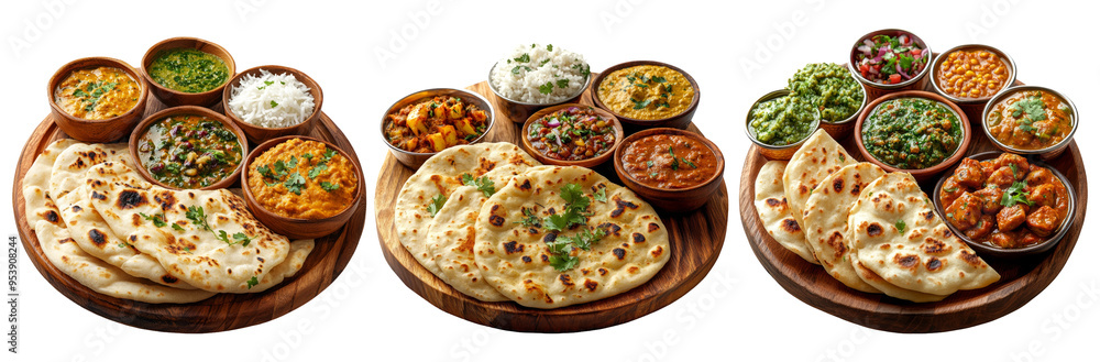 Indian thali with naan and curry isolated on transparent background Indian thali with naan and curry isolated on transparent background