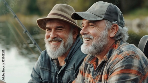 Big game fishing. fly fish hobby of men. retirement fishery. happy fishermen friendship. Two male friends fishing together. Catching and fishing. retired dad and mature bearded son.