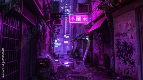 Neon-Lit Back Alley in a Cyberpunk City