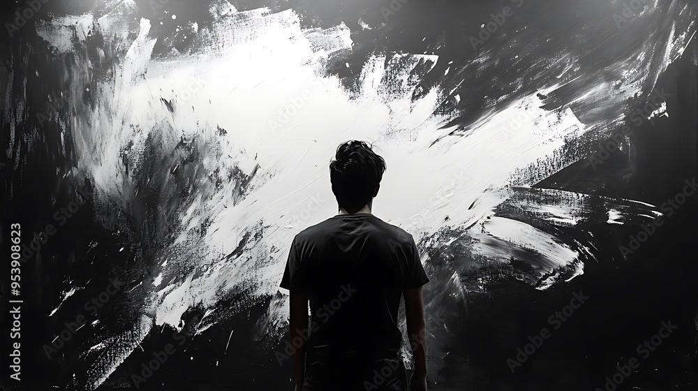 A Silhouetted Figure Gazes at a Large Abstract Painting with White Brushstrokes on a Black Background A Silhouetted Figure Gazes at a Large Abstract Painting with White Brushstrokes on a Black Background