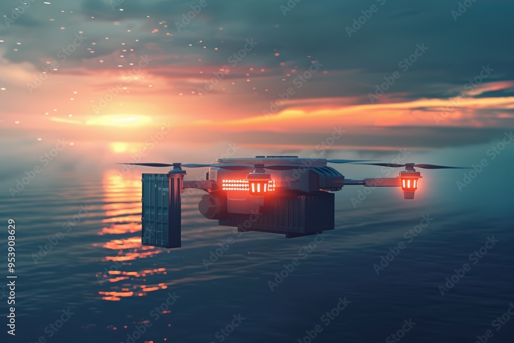 A futuristic drone hovering over a serene body of water during a vibrant sunset, showcasing technology and tranquility. A futuristic drone hovering over a serene body of water during a vibrant sunset, showcasing technology and tranquility.