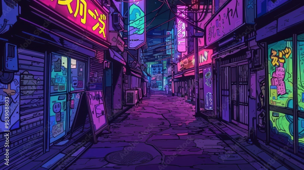 Neon-Lit Alleyway in a Vibrant Japanese City Neon-Lit Alleyway in a Vibrant Japanese City