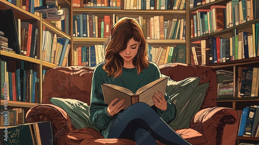 Woman Reading in Cozy Library Corner, Surrounded by Bookshelves - Mindfulness and Knowledge Woman Reading in Cozy Library Corner, Surrounded by Bookshelves - Mindfulness and Knowledge