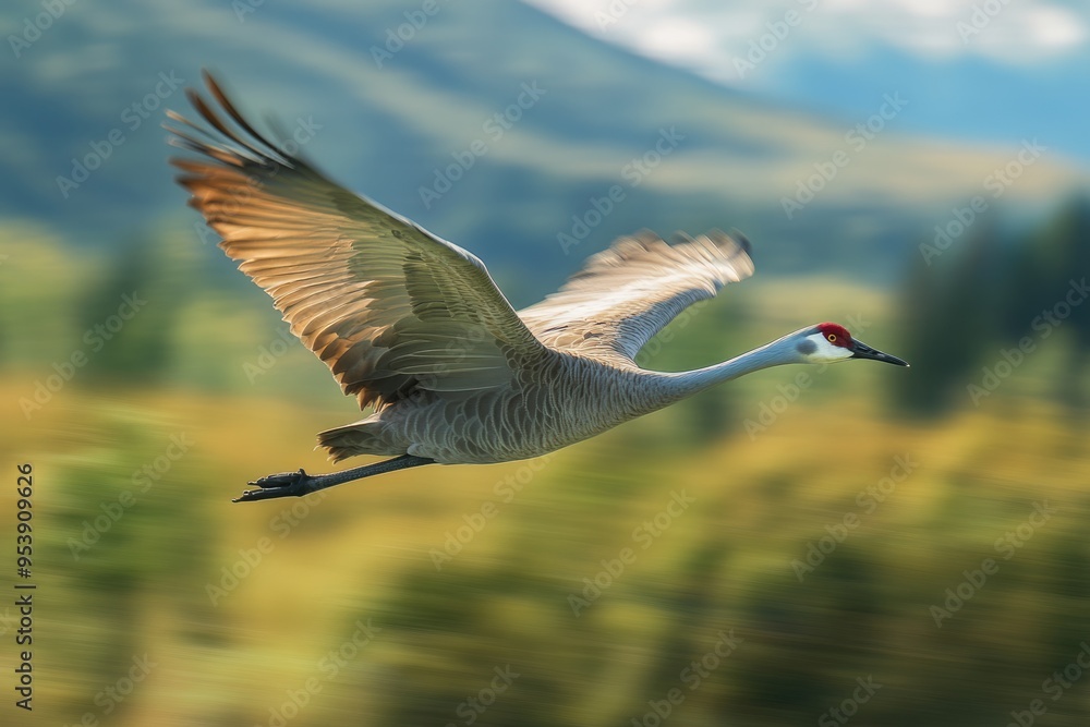 Obraz premium Creamers Field. Sandhill Crane Flying with Wings Open in High Speed at Fairbanks, Alaska