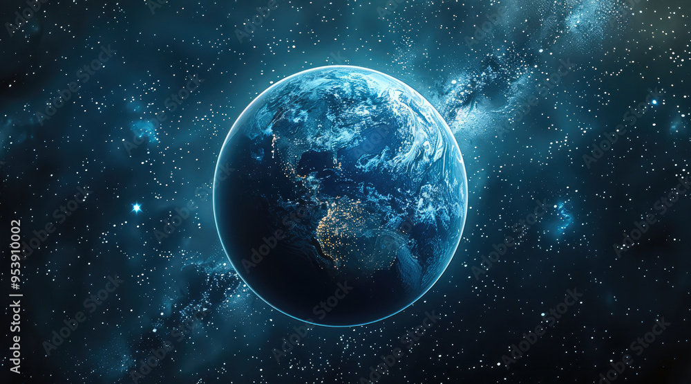 Fototapeta premium Earth with visible atmospheric glow, detailed surface, starry background, soft lighting. Generative AI.