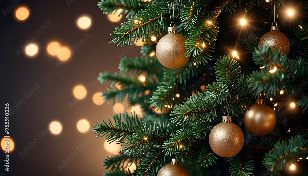 Background with closeup Christmas tree leaves and blur bokeh lights. Generative AI Background with closeup Christmas tree leaves and blur bokeh lights. Generative AI