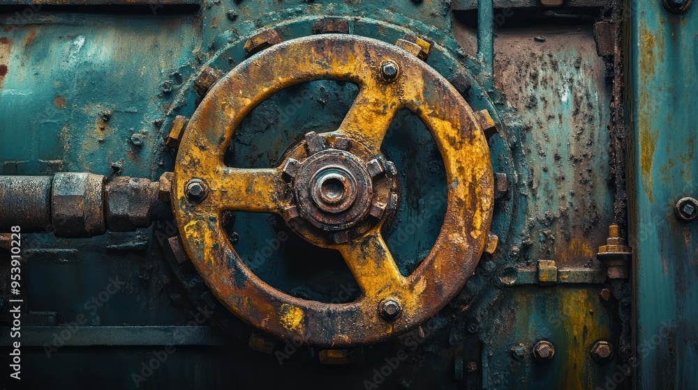 Rusty Industrial Wheel with a Yellow Rim Rusty Industrial Wheel with a Yellow Rim