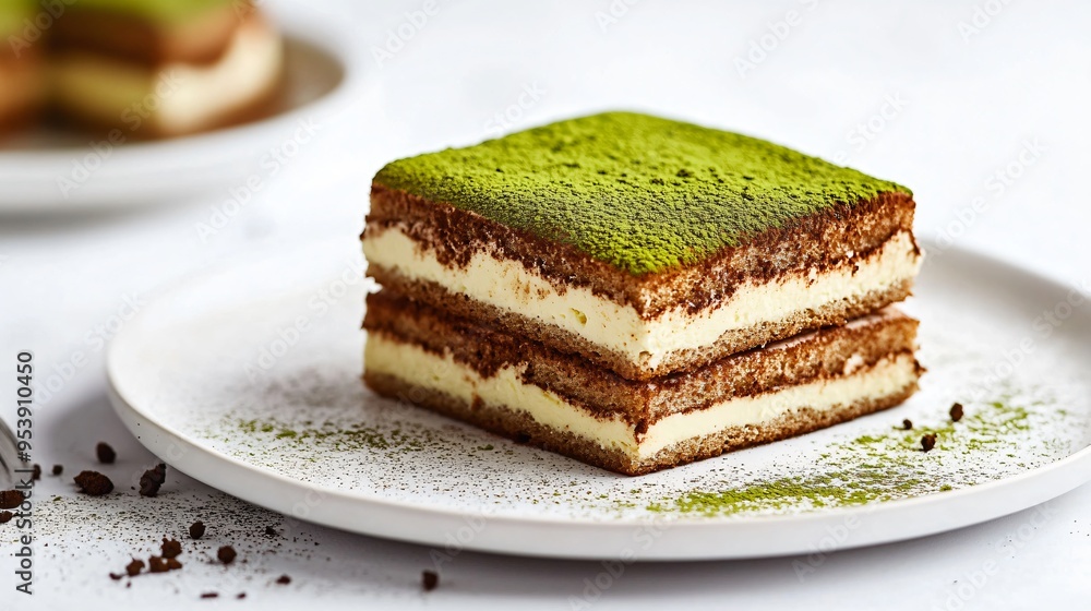 Tiramisu with a dusting of matcha powder, set against a minimalistic white backdrop Tiramisu with a dusting of matcha powder, set against a minimalistic white backdrop