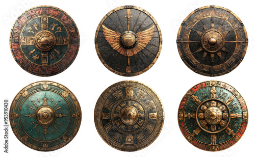 Set of historical round shields with intricate designs isolated on transparent background