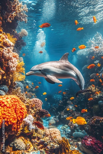 Dolphin among coral reefs