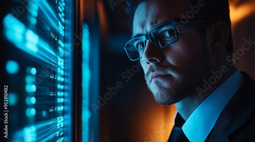 A man in a suit and glasses intently looks at a large glowing data screen, representing technology and cybersecurity concepts.