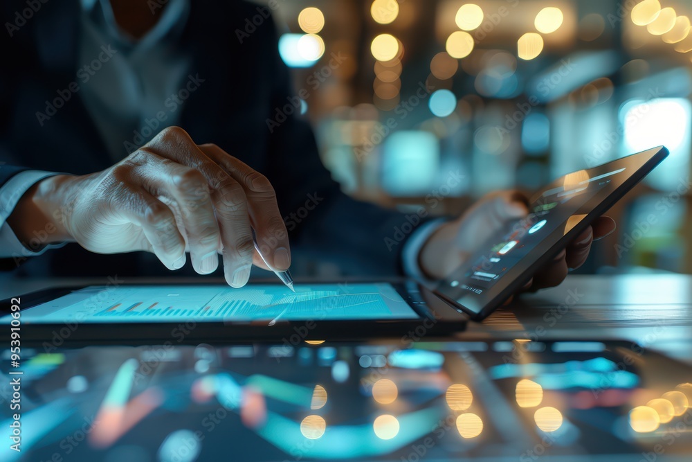 A professional analyzing data on digital tablets in a well-lit office environment, showcasing modern business technology. A professional analyzing data on digital tablets in a well-lit office environment, showcasing modern business technology.