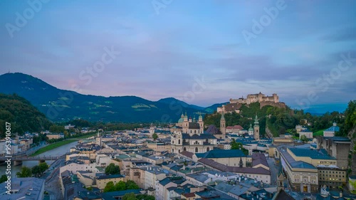 City of Salzburg with Festung Hohensalzburg, State of Salzburg, Austria. Timelapse video day to night transition
