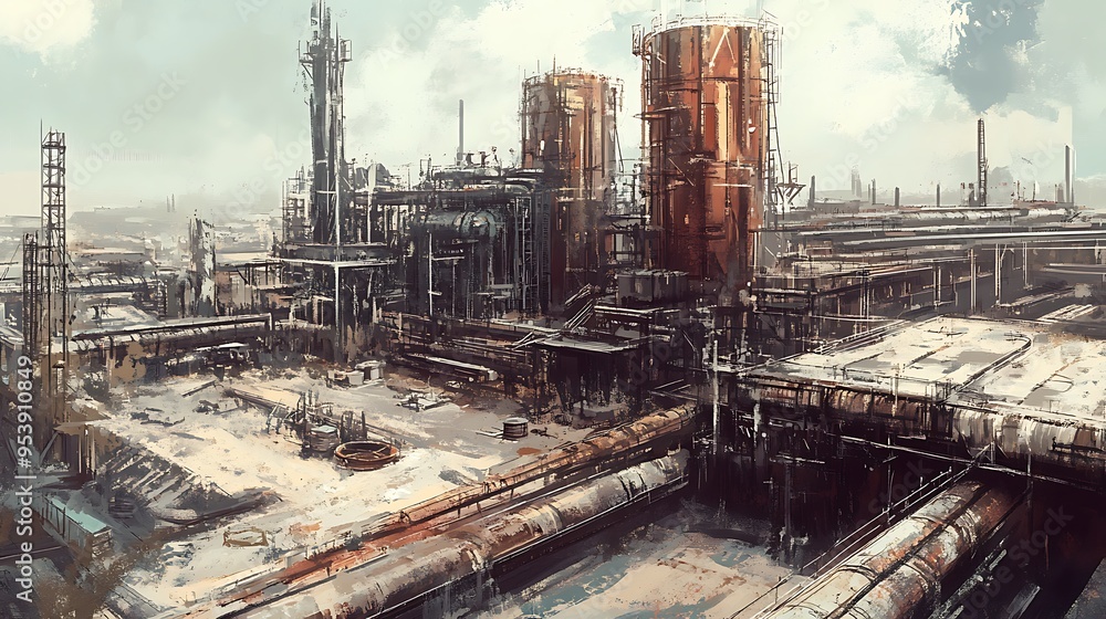 Fototapeta premium Industrial Complex with Tall Towers and Pipes