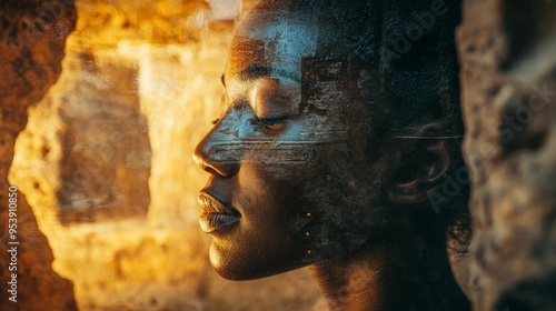 Beautiful artistic portrait of a serene woman with a cityscape overlay, embodying calmness and urban beauty.